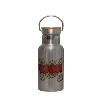 BOOM!!!, Stainless steel metallic thermos flask, silver with a bamboo lid, double-walled, 350ml.