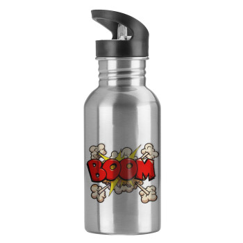 BOOM!!!, Water bottle Silver with straw, stainless steel 600ml