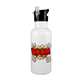 BOOM!!!, White water bottle with straw, stainless steel 600ml