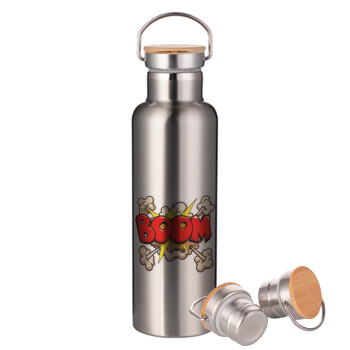 BOOM!!!, Stainless steel Silver with wooden lid (bamboo), double wall, 750ml