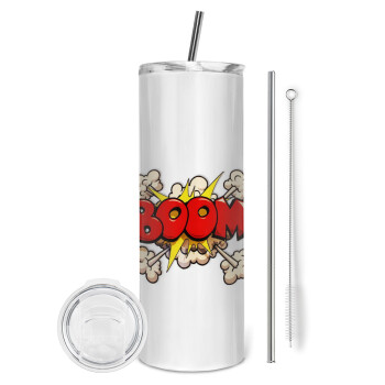 BOOM!!!, Tumbler ποτήρι θερμό από ανοξείδωτο ατσάλι 600ml, με μεταλλικό καλαμάκι & βούρτσα καθαρισμού