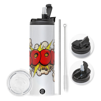 BOOM!!!, Travel Tumbler 2 Lids, with metal straw & cleaning brush (Stainless steel 304 Food grade, BPA free, 600ml)