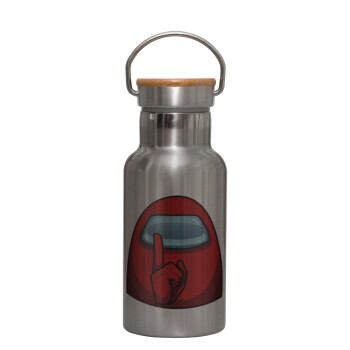 Among US, Stainless steel metallic thermos flask, silver with a bamboo lid, double-walled, 350ml.