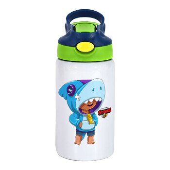 Brawl Stars Leon Shark, Children's hot water bottle, stainless steel, with safety straw, green, blue (350ml)