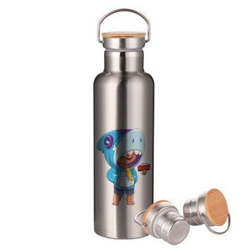 Brawl Stars Leon Shark, Μεταλλικό παγούρι θερμός (Stainless steel) Ασημένιο με ξύλινο καπακι (bamboo), διπλού τοιχώματος, 750ml