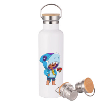 Brawl Stars Leon Shark, Μεταλλικό παγούρι θερμός (Stainless steel) Λευκό με ξύλινο καπακι (bamboo), διπλού τοιχώματος, 750ml