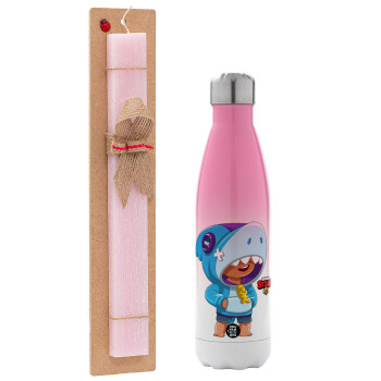 Brawl Stars Leon Shark, Easter Set, Metallic pink/white (Stainless steel) thermos, double-walled, 500ml & aromatic flat Easter candle (30cm) (PINK)