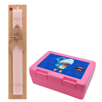 Brawl Stars Leon Shark, Easter Set, children's snack container PINK & scented flat Easter candle (30cm) (PINK)