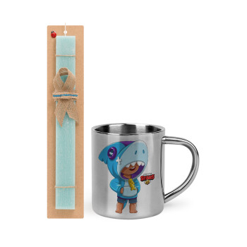 Brawl Stars Leon Shark, Easter Set, metallic thermal cup (300ml) & aromatic flat Easter candle (30cm) (TURQUOISE)