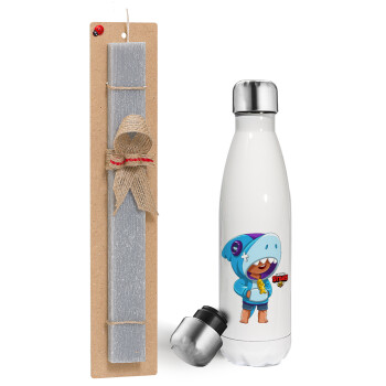 Brawl Stars Leon Shark, Easter candle, metallic white thermos bottle (500ml) & aromatic flat candle (30cm) (GRAY)