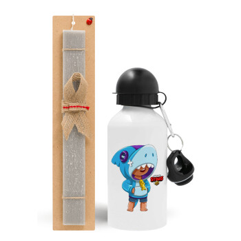 Brawl Stars Leon Shark, Easter Set, metallic aluminum water bottle (500ml) & aromatic flat Easter candle (30cm) (GRAY)