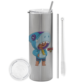 Brawl Stars Leon Shark, Eco friendly stainless steel Silver tumbler 600ml, with metal straw & cleaning brush
