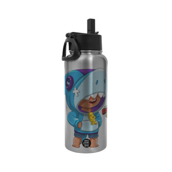 Brawl Stars Leon Shark, Metal mug thermo Silver with Straw and Spout Lid (Stainless steel), double wall, 950ml