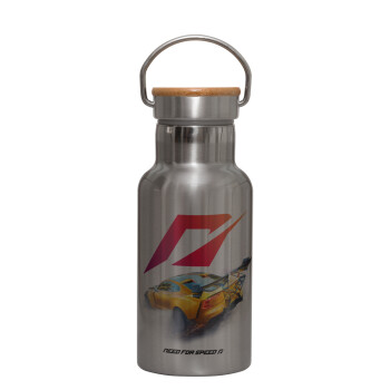 Need For Speed, Stainless steel metallic thermos flask, silver with a bamboo lid, double-walled, 350ml.