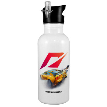 Need For Speed, White water bottle with straw, stainless steel 600ml