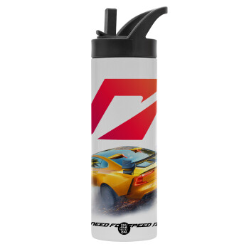 Need For Speed, Metallic thermos bottle with straw & handle, stainless steel (Stainless steel 304), double-walled, 600ml.