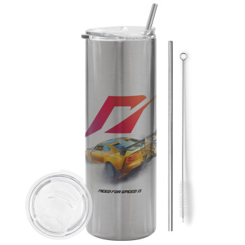 Need For Speed, Eco friendly stainless steel Silver tumbler 600ml, with metal straw & cleaning brush