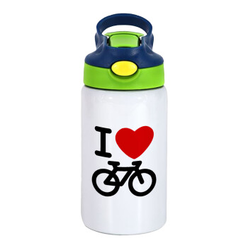 I love Bike, Children's hot water bottle, stainless steel, with safety straw, green, blue (350ml)