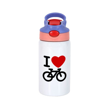 I love Bike, Children's hot water bottle, stainless steel, with safety straw, pink/purple (350ml)