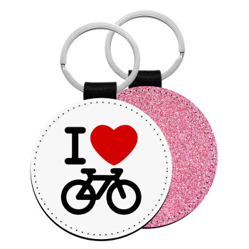 I love Bike, Μπρελόκ Δερματίνη, στρογγυλό ΡΟΖ (5cm)