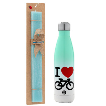 I love Bike, Easter Set, Metallic green/white thermos (Stainless steel), double-walled, 500ml & scented flat Easter candle (30cm) (TURQUOISE)