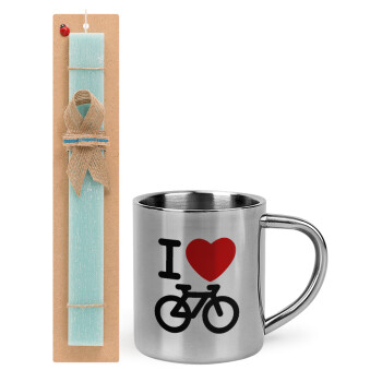 I love Bike, Easter Set, metallic thermal cup (300ml) & aromatic flat Easter candle (30cm) (TURQUOISE)