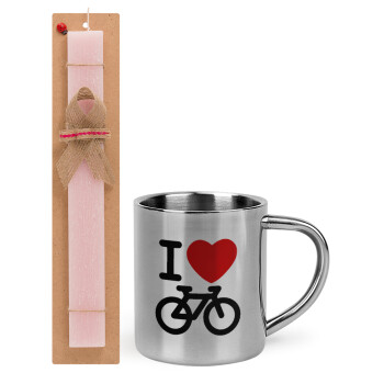 I love Bike, Easter Set, metallic thermal cup (300ml) & aromatic flat Easter candle (30cm) (PINK)