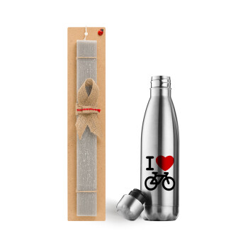 I love Bike, Easter Set, metallic stainless thermos flask (500ml) & scented flat Easter candle (30cm) (GRAY)