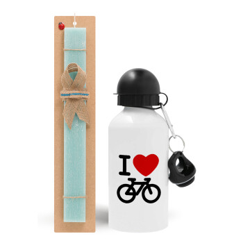 I love Bike, Easter Set, metallic aluminum water bottle (500ml) & scented flat candle (30cm) (TURQUOISE)