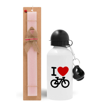 I love Bike, Easter Set, metallic aluminum bottle (500ml) & aromatic flat Easter candle (30cm) (PINK)