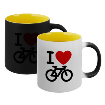 I love Bike, Κούπα Μαγική εσωτερικό κίτρινη, κεραμική 330ml που αλλάζει χρώμα με το ζεστό ρόφημα (1 τεμάχιο)