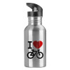 Water bottle Silver with straw, stainless steel 600ml