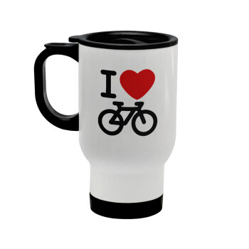 I love Bike, Κούπα ταξιδιού ανοξείδωτη με καπάκι, διπλού τοιχώματος (θερμό) λευκή 450ml