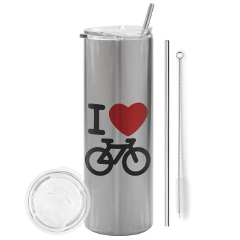 I love Bike, Tumbler ποτήρι θερμό Ασημένιο από ανοξείδωτο ατσάλι 600ml, με μεταλλικό καλαμάκι & βούρτσα καθαρισμού