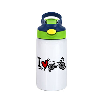 I love my bike, Children's hot water bottle, stainless steel, with safety straw, green, blue (350ml)