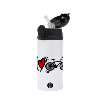 I love my bike, Children's hot water bottle, stainless steel, with safety straw, Black (360ml) BPA-FREE