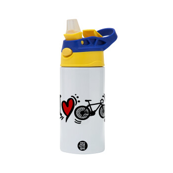 I love my bike, Children's hot water bottle, stainless steel, with safety straw, green, blue (360ml) BPA FREE