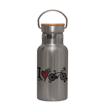 I love my bike, Stainless steel metallic thermos flask, silver with a bamboo lid, double-walled, 350ml.