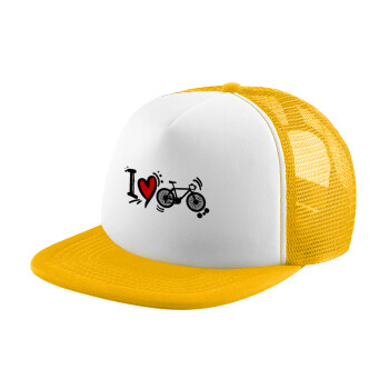 I love my bike, Adult Soft Trucker Hat with Yellow/White Mesh (POLYESTER, ADULT, UNISEX, ONE SIZE)