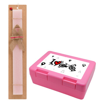 I love my bike, Easter Set, children's snack container PINK & scented flat Easter candle (30cm) (PINK)