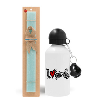 I love my bike, Easter Set, metallic aluminum water bottle (500ml) & scented flat candle (30cm) (TURQUOISE)