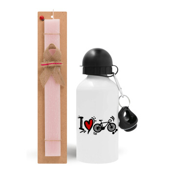 I love my bike, Easter Set, metallic aluminum bottle (500ml) & aromatic flat Easter candle (30cm) (PINK)