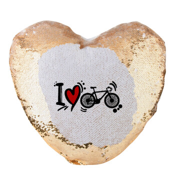 I love my bike, Μαξιλάρι καναπέ καρδιά Μαγικό Χρυσό με πούλιες 40x40cm περιέχεται το  γέμισμα