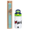 Easter Set, Children's thermal stainless steel bottle with safety straw, green/blue (350ml) & aromatic flat Easter candle (30cm) (TURQUOISE)