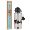 Easter Set, metallic silver aluminum water bottle (500ml) & scented flat Easter candle (30cm) (TURQUOISE)