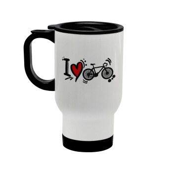 I love my bike, Stainless steel travel mug with lid, double wall white 450ml