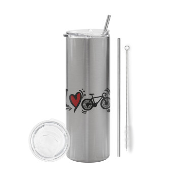 I love my bike, Tumbler stainless steel Silver 600ml, with metal straw & cleaning brush