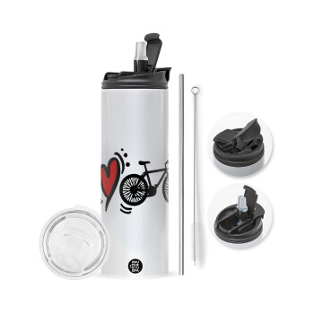 I love my bike, Travel Tumbler θερμό με διπλό καπάκι, μεταλλικό καλαμάκι και βούρτσα καθαρισμού (Ανωξείδωτο 304 Food grade, BPA free, 600ml)