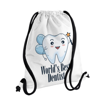 World's Best Dentist, Backpack pouch GYMBAG white, with pocket (40x48cm) & thick cords