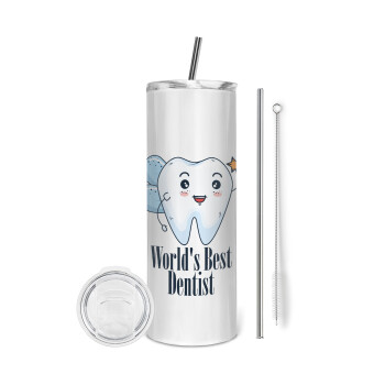 World's Best Dentist, Eco friendly stainless steel tumbler 600ml, with metal straw & cleaning brush